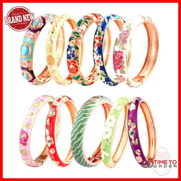 Enamel Jewelry Set Flower Engraved Cloisonne Bracelets Spring Cuff Bangles